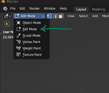 Blender mode menu with Edit Mode selected