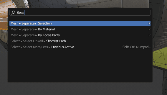 Blender Separate command in the quick actions menu